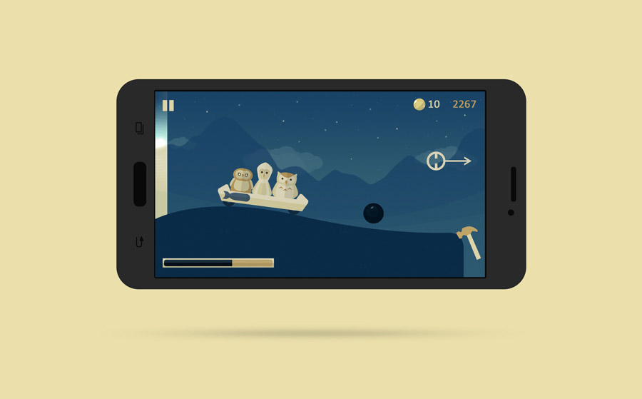 Spillet Owlcoaster, vist på en smarttelefon med gul bakgrunn